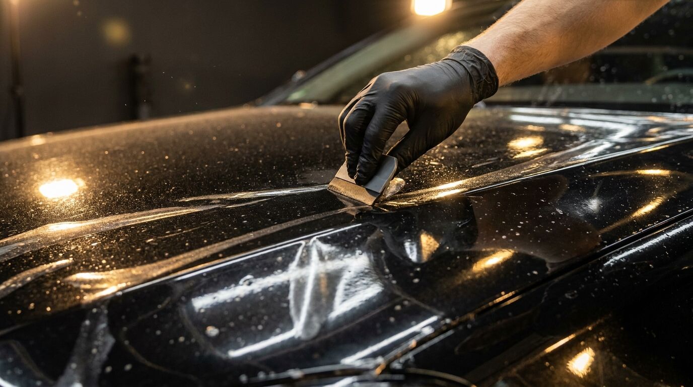 Technician applying paint protection film to a vehicle